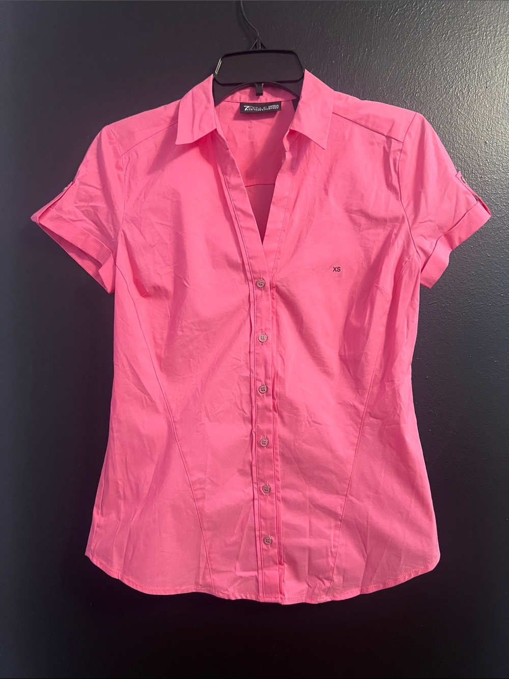 NY&Co Bubblegum Pink Short-Sleeve Silver Button-Down Shirt